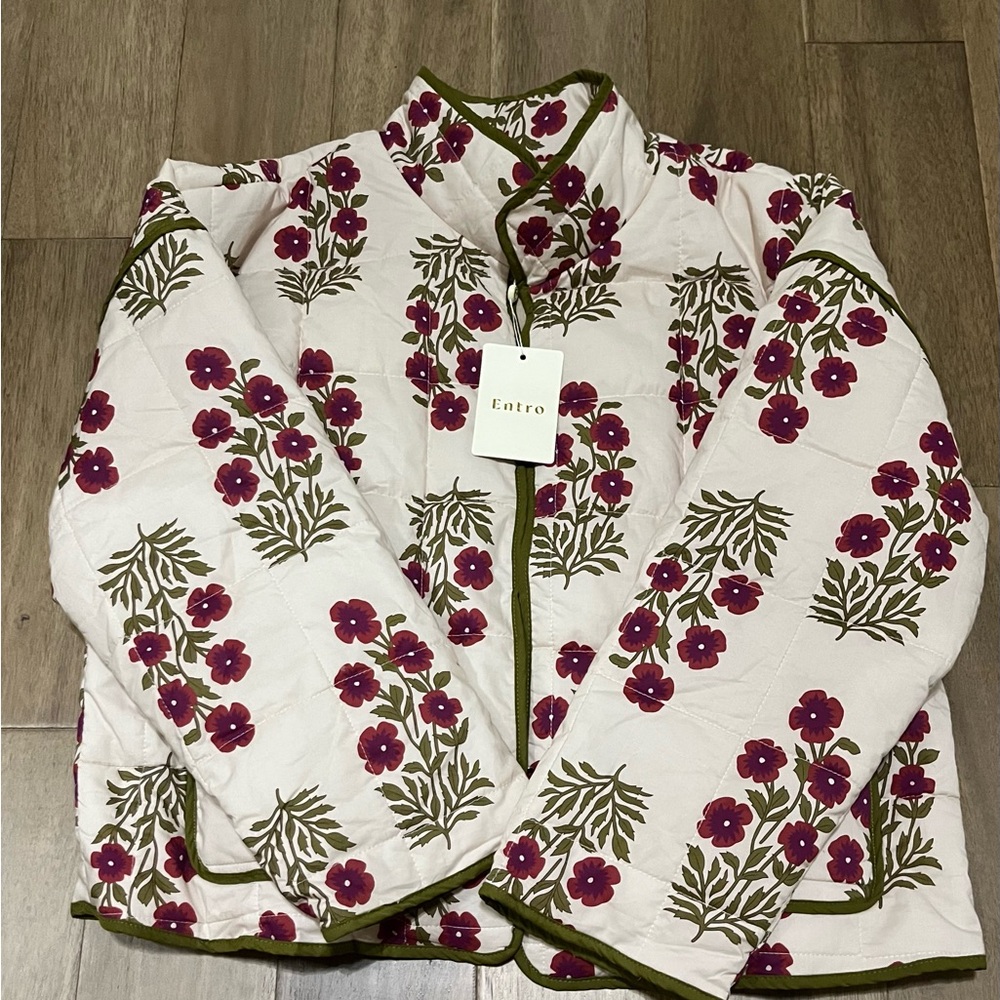 Entro Women's Floral Puffer Jacket - cream, green, & berry color